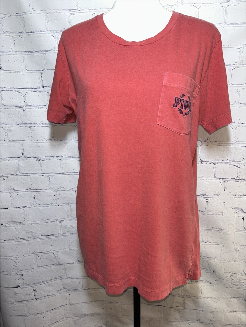 Victoria’s Secret PINK T Shirt Small Coral Red Garment Wash Pocket Logo Cotton